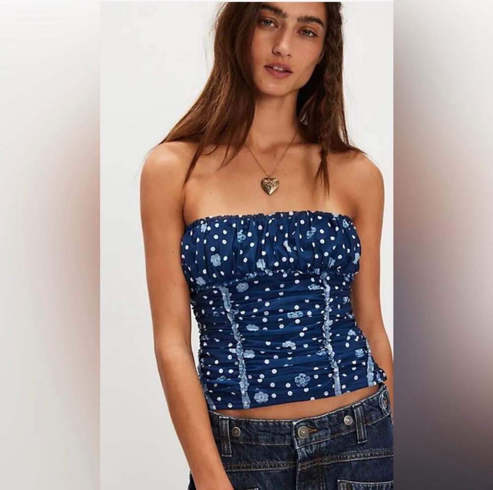 Free People Blue Polka Dot and Floral Ruched Tube Top